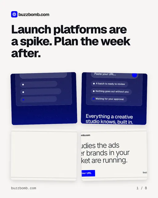 Carousel for BuzzBomb: "Launch platforms are a spike. Plan the week after.". Collection carousel, 8 slides, light palette.