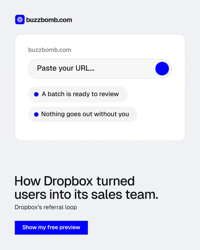 Instagram portrait post for BuzzBomb: "How Dropbox turned users into its sales team." Swiss style, bottom layout, light palette in white, blue.