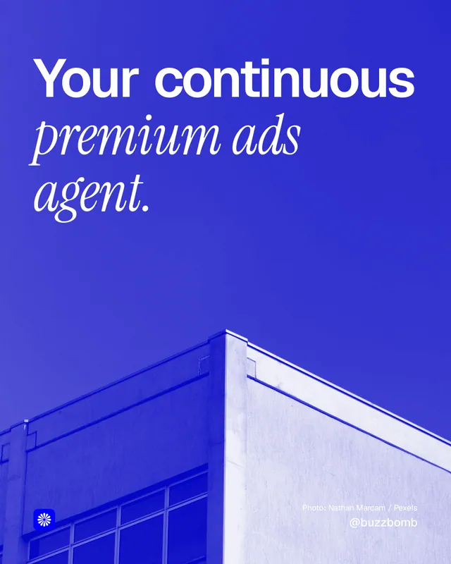 Instagram portrait post for BuzzBomb: "Your continuous premium ads agent." Duotone style, technique:pexels ingredient layout, dark palette in blue.