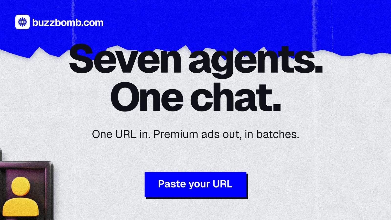Landscape graphic for BuzzBomb: "Seven agents. One chat." Paper trio style, centred layout, light palette in blue, white, grey.