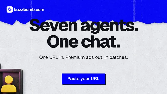 Landscape graphic for BuzzBomb: "Seven agents. One chat." Paper trio style, centred layout, light palette in blue, white, grey.