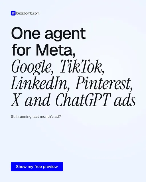 Video for BuzzBomb: "One agent for Meta, Google, TikTok, LinkedIn, Pinterest, X and ChatGPT ads.". Doc motion loop, 8.0 s, light palette.