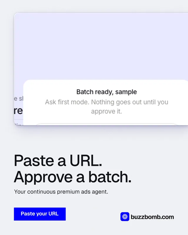 Instagram portrait post for BuzzBomb: "Paste a URL. Approve a batch." Swiss style, bottom layout, light palette in white, blue.