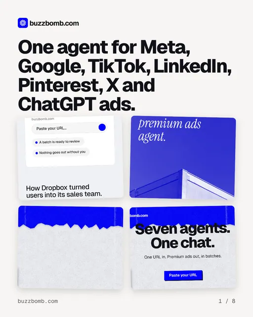 Carousel for BuzzBomb: "One agent for Meta, Google, TikTok, LinkedIn, Pinterest, X and ChatGPT ads.". Collection carousel, 8 slides, light palette.