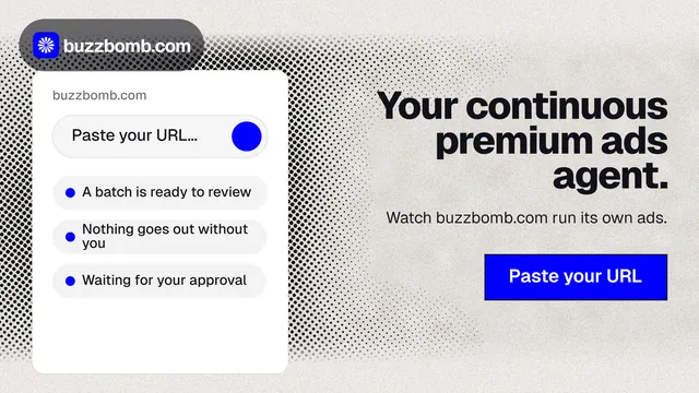 Landscape graphic for BuzzBomb: "Your continuous premium ads agent." Ink sticker style, right layout, light palette in white, grey.