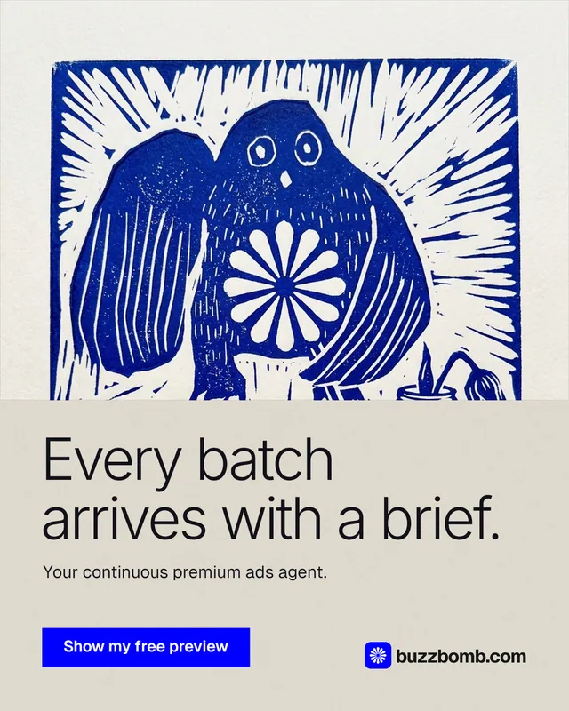 Instagram portrait post for BuzzBomb: "Every batch arrives with a brief." Swiss style, bottom layout, light palette in white, blue, grey.