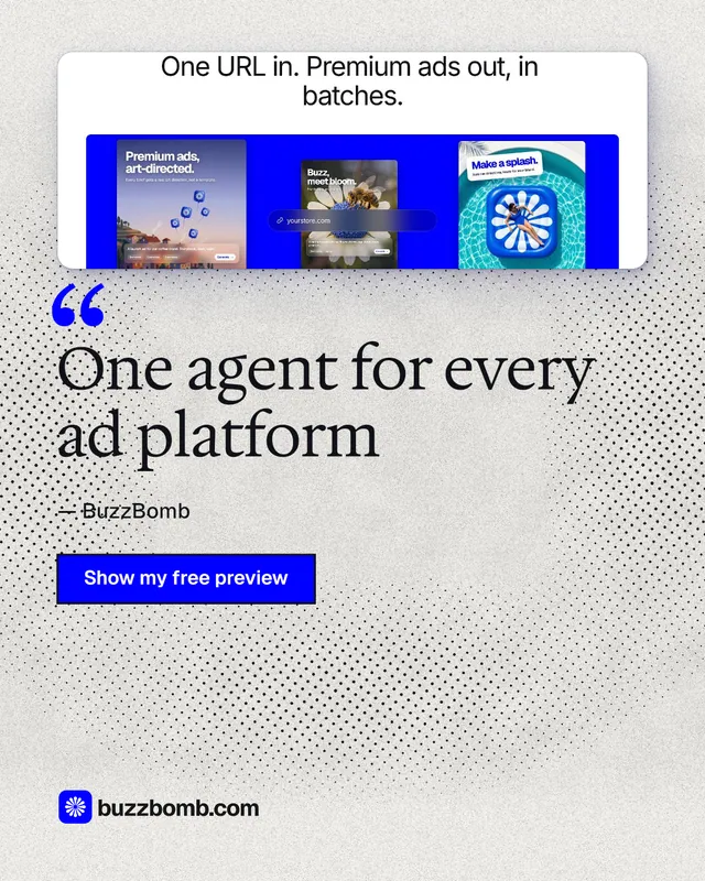 Instagram portrait post for BuzzBomb: "One agent for every ad platform". Ink sticker style, quote layout, light palette in white, blue.