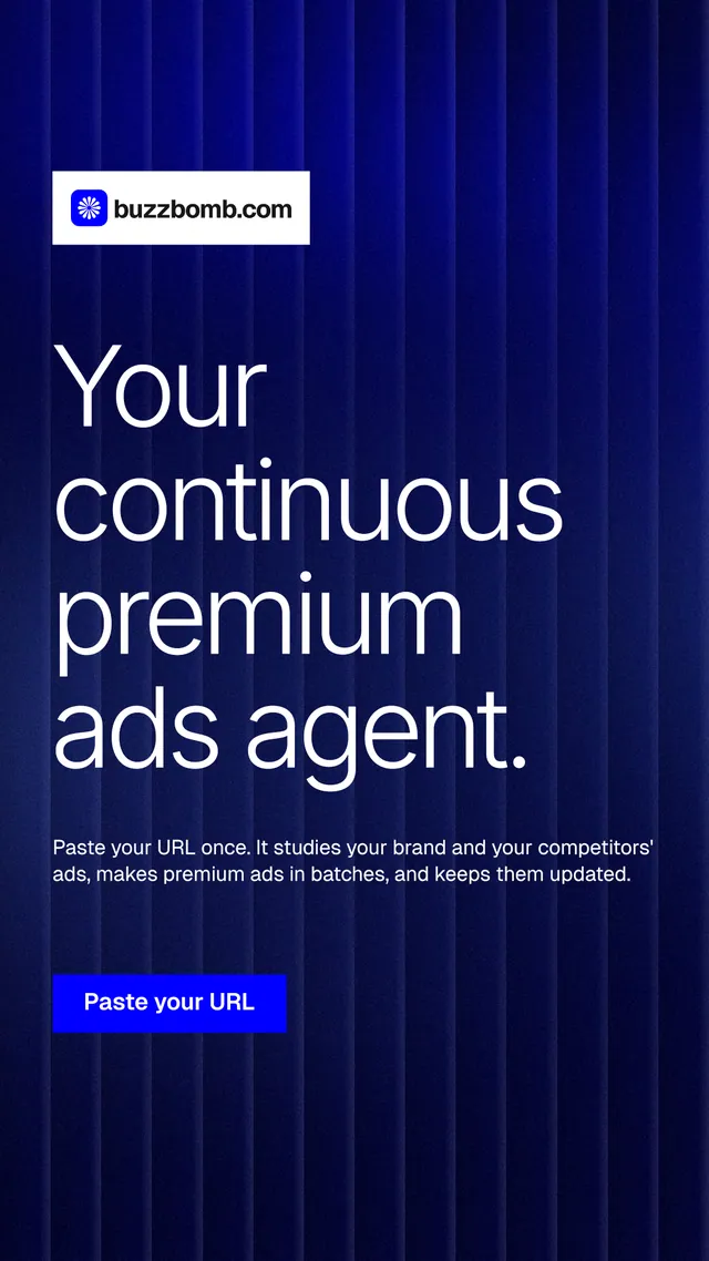 Instagram story for BuzzBomb: "Your continuous premium ads agent." Swiss style, announce layout, dark palette in blue, black, grey.