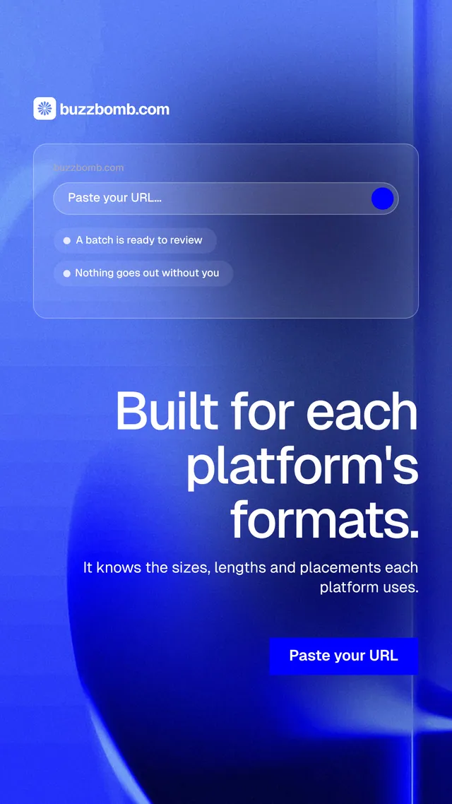 Instagram story for BuzzBomb: "Built for each platform's formats." Swiss style, right layout, dark palette in blue.