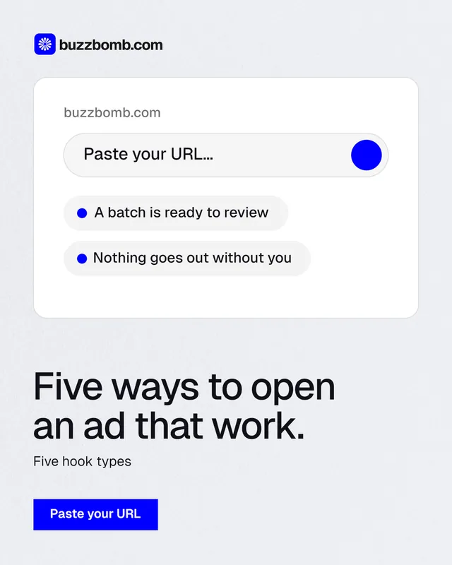 Instagram portrait post for BuzzBomb: "Five ways to open an ad that work." Swiss style, bottom layout, light palette in white, blue.