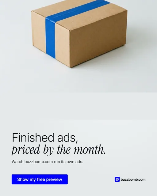 Video for BuzzBomb: "Finished ads, priced by the month.". Doc motion loop, 7.0 s, light palette.
