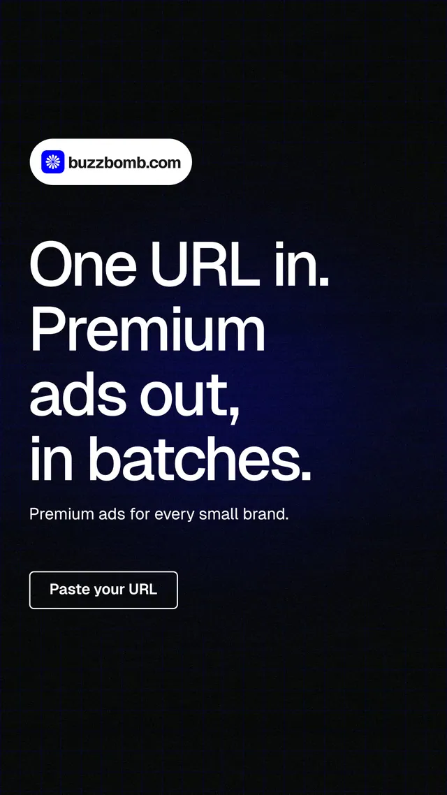 Instagram story for BuzzBomb: "One URL in. Premium ads out, in batches." Phosphor atlas style, announce layout, dark palette in black, grey.