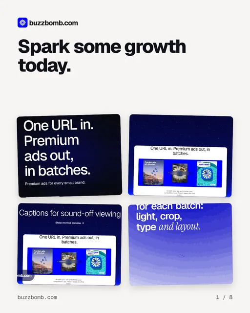 Carousel for BuzzBomb: "Spark some growth today.". Collection carousel, 8 slides, light palette.
