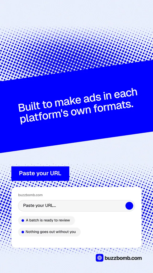 Instagram story for BuzzBomb: "Built to make ads in each platform's own formats." Swiss style, diagonal layout, light palette in blue, white.