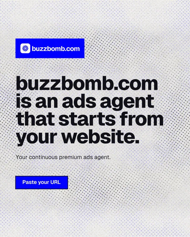 Instagram portrait post for BuzzBomb: "buzzbomb.com is an ads agent that starts from your website." Ink sticker style, announce layout, light palette in white, blue.