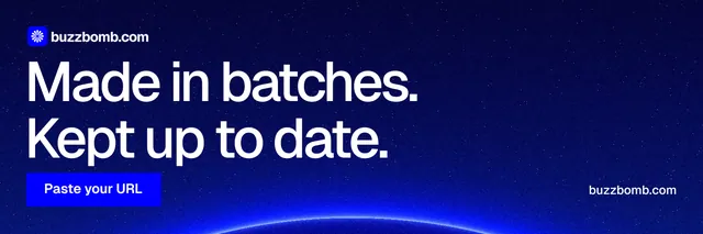 X header for BuzzBomb: "Made in batches. Kept up to date." Swiss style, poster layout, dark palette in blue.