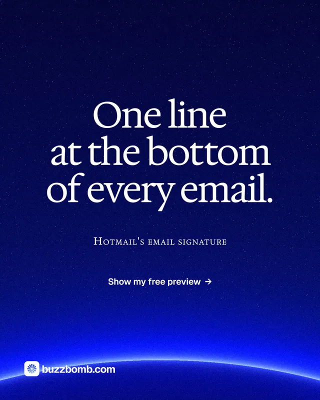 Instagram portrait post for BuzzBomb: "One line at the bottom of every email." Swiss style, smallcaps layout, dark palette in blue.