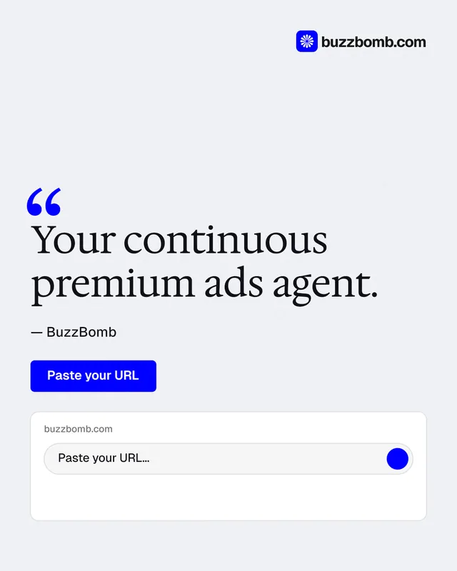 Instagram portrait post for BuzzBomb: "Your continuous premium ads agent." Data card style, quote layout, light palette in white, blue.