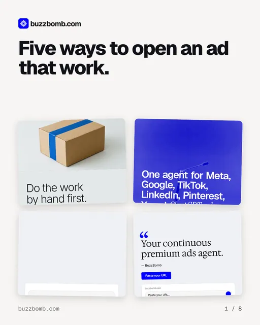 Carousel for BuzzBomb: "Five ways to open an ad that work.". Collection carousel, 8 slides, light palette.