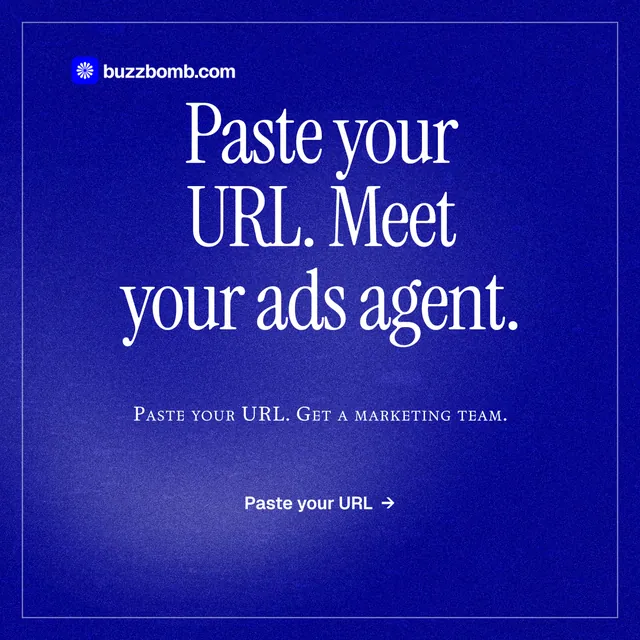 Instagram post for BuzzBomb: "Paste your URL. Meet your ads agent." Editorial style, smallcaps layout, dark palette in blue.