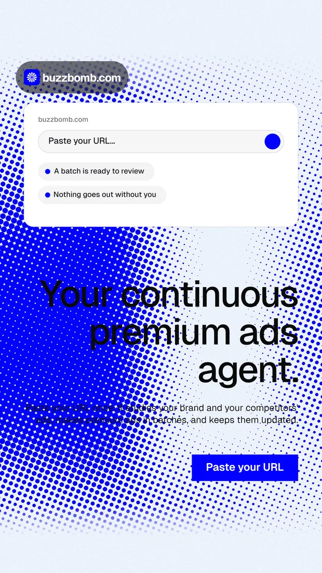 Instagram story for BuzzBomb: "Your continuous premium ads agent." Swiss style, right layout, light palette in white, blue.