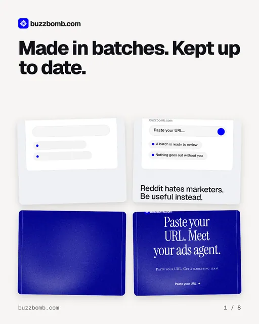 Carousel for BuzzBomb: "Made in batches. Kept up to date.". Collection carousel, 8 slides, light palette.