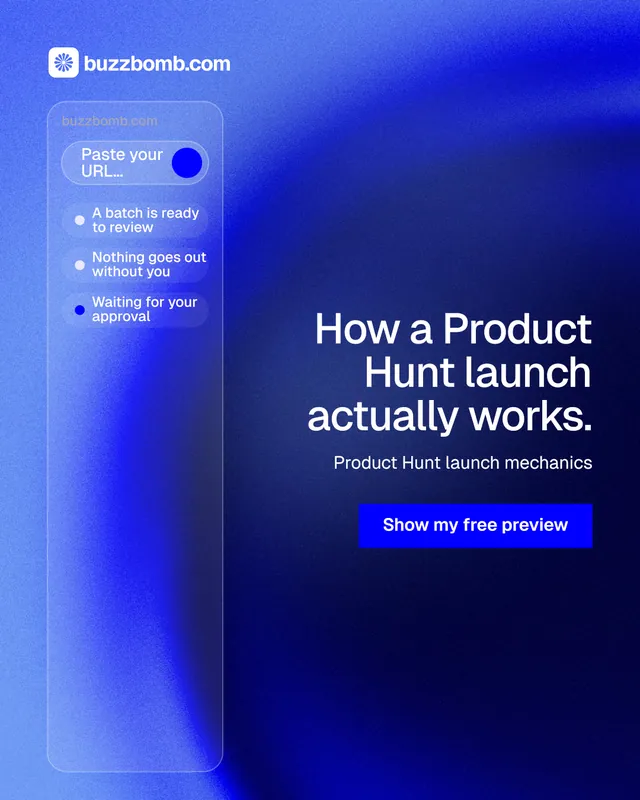 Instagram portrait post for BuzzBomb: "How a Product Hunt launch actually works." Swiss style, right layout, dark palette in blue.