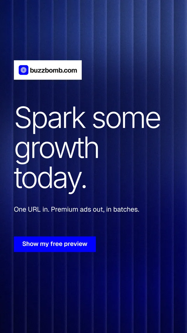Instagram story for BuzzBomb: "Spark some growth today." Swiss style, announce layout, dark palette in blue.