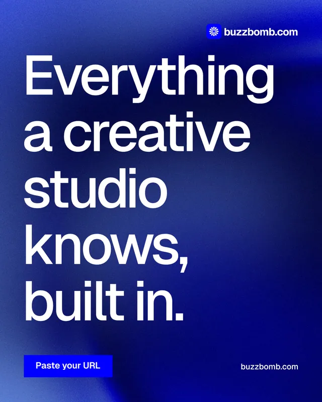 Instagram portrait post for BuzzBomb: "Everything a creative studio knows, built in." Swiss style, poster layout, dark palette in blue.