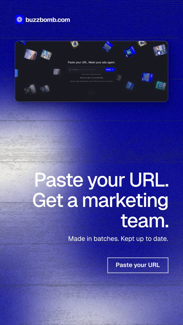 Instagram story for BuzzBomb: "Paste your URL. Get a marketing team." Cyanotype style, right layout, dark palette in blue, black.
