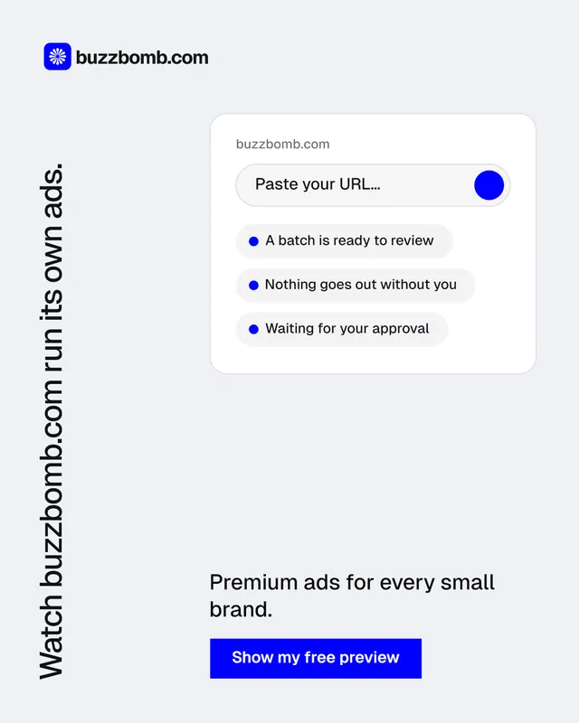 Instagram portrait post for BuzzBomb: "Watch buzzbomb.com run its own ads." Swiss style, vertical layout, light palette in white, blue.