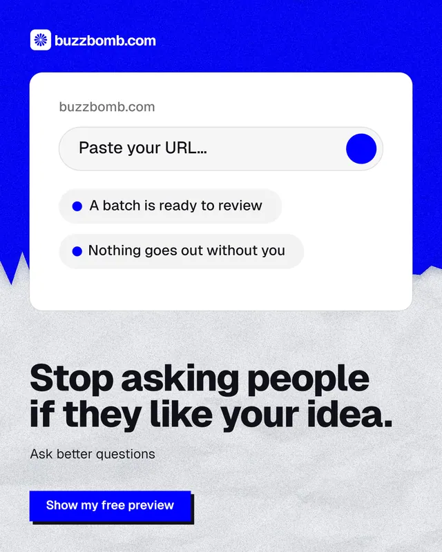Instagram portrait post for BuzzBomb: "Stop asking people if they like your idea." Paper trio style, bottom layout, light palette in white, blue.