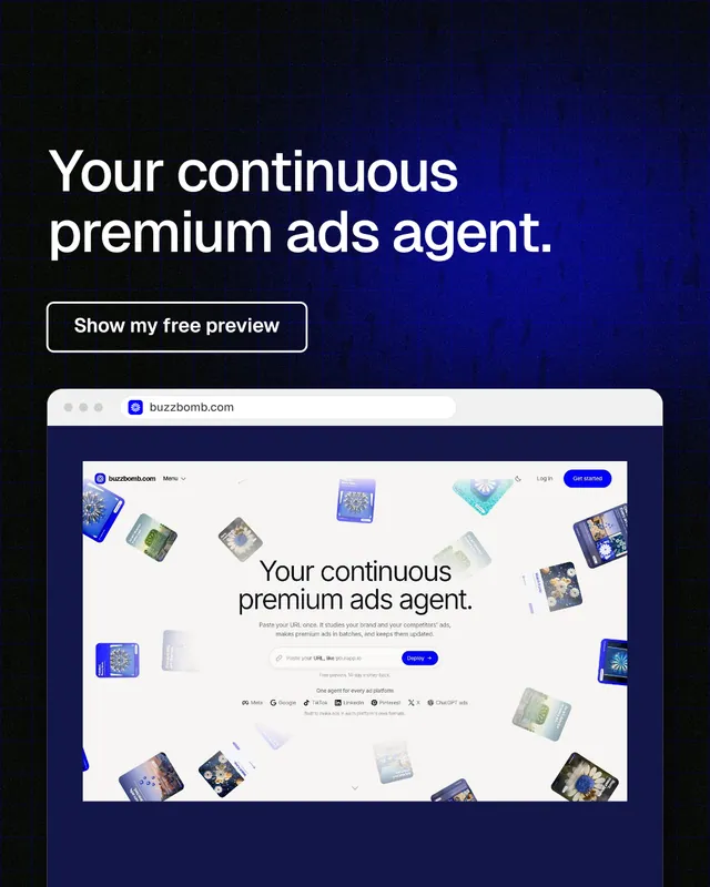 Instagram portrait post for BuzzBomb: "Your continuous premium ads agent." Phosphor atlas style, browser layout, dark palette in blue, black, white.