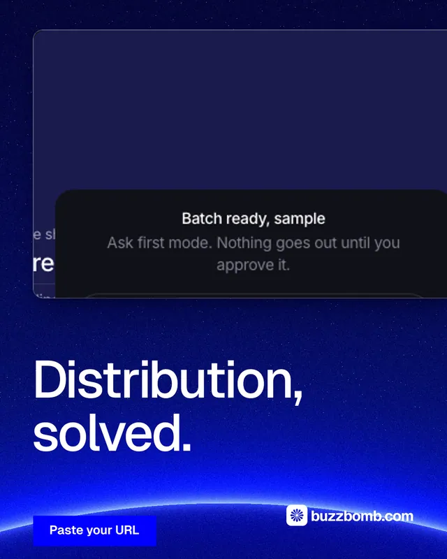 Instagram portrait post for BuzzBomb: "Distribution, solved." Swiss style, bottom layout, dark palette in blue, black.