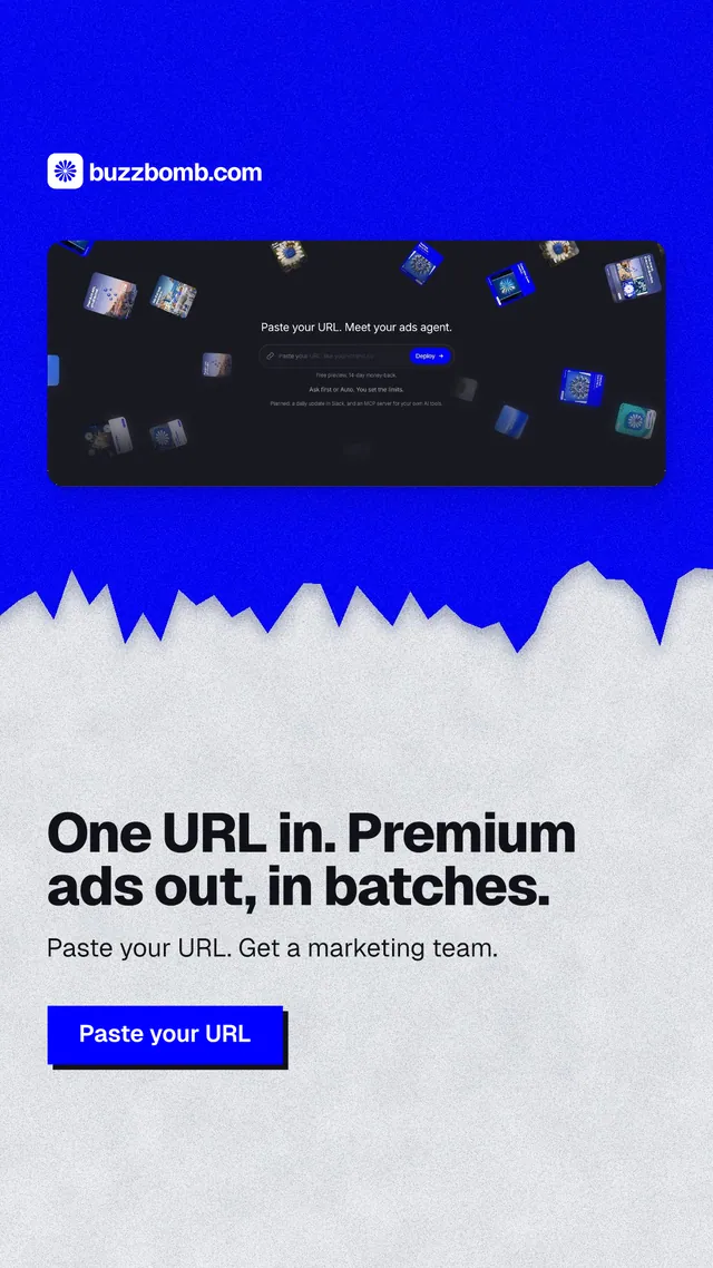 Instagram story for BuzzBomb: "One URL in. Premium ads out, in batches." Paper trio style, bottom layout, light palette in white, blue, grey.