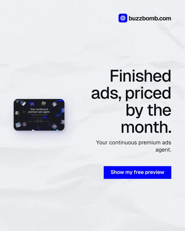 Instagram portrait post for BuzzBomb: "Finished ads, priced by the month." Swiss style, right layout, light palette in white, grey.