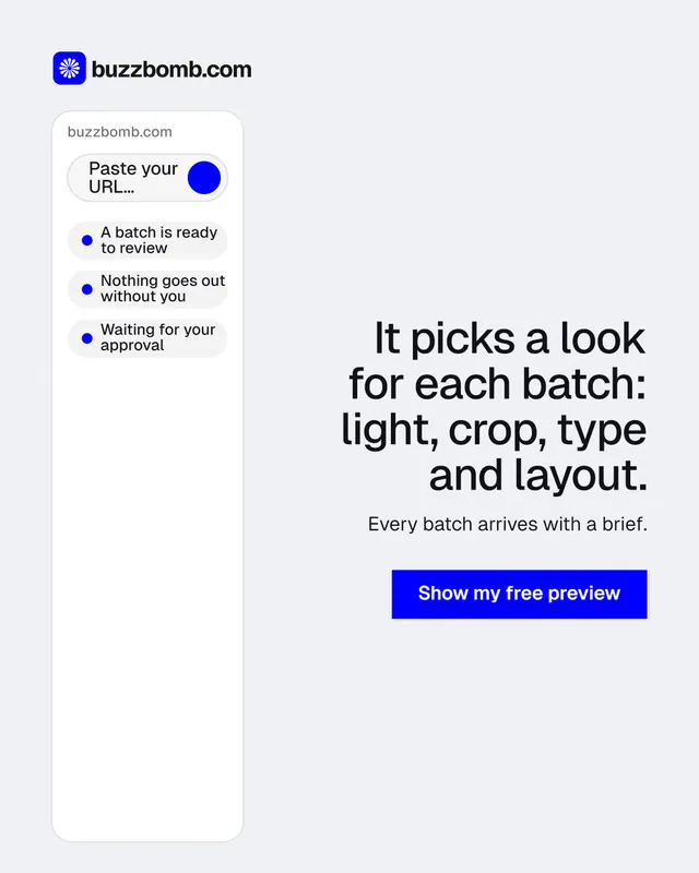 Instagram portrait post for BuzzBomb: "It picks a look for each batch: light, crop, type and layout." Swiss style, right layout, light palette in white, blue.