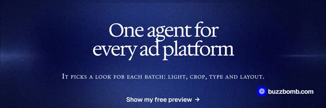 X header for BuzzBomb: "One agent for every ad platform". Dark deco style, smallcaps layout, dark palette in blue.
