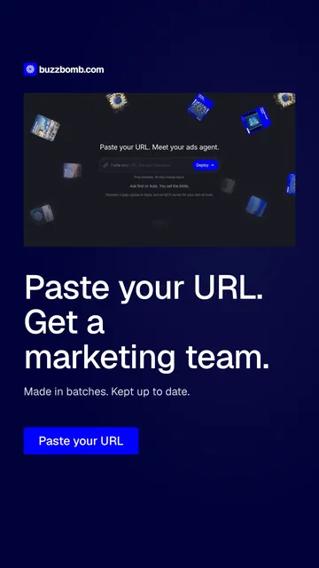 Video for BuzzBomb: "Paste your URL. Get a marketing team.". Doc motion loop, 7.0 s, dark palette.