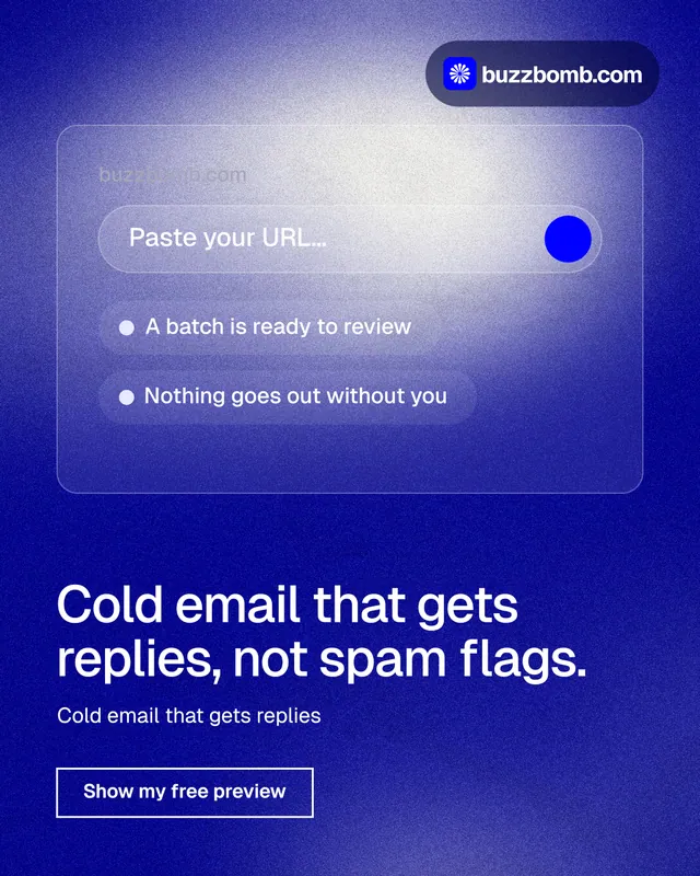 Instagram portrait post for BuzzBomb: "Cold email that gets replies, not spam flags." Cyanotype style, bottom layout, dark palette in blue.