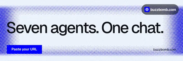 X header for BuzzBomb: "Seven agents. One chat." Swiss style, poster layout, light palette in white, blue.
