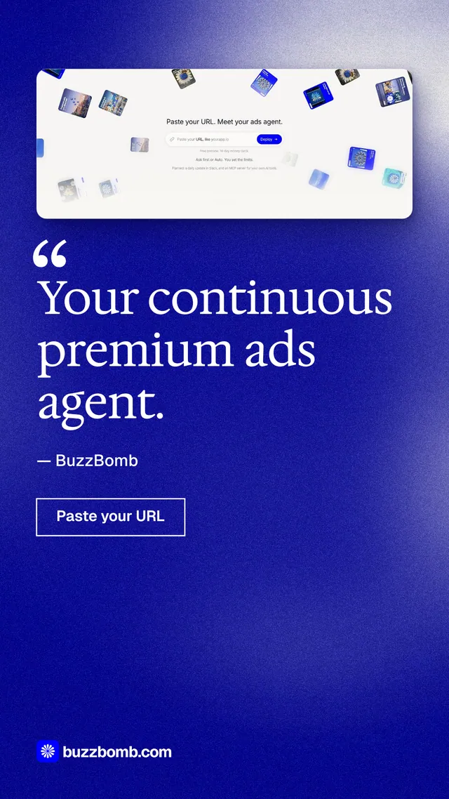 Instagram story for BuzzBomb: "Your continuous premium ads agent." Cyanotype style, quote layout, dark palette in blue, white.