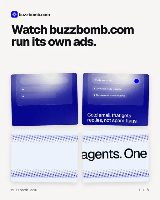 Carousel for BuzzBomb: "Watch buzzbomb.com run its own ads.". Collection carousel, 8 slides, light palette.