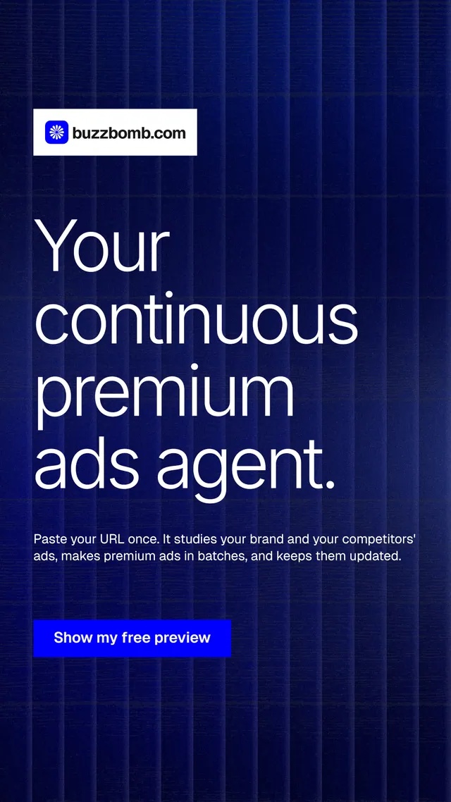 Instagram story for BuzzBomb: "Your continuous premium ads agent." Swiss style, announce layout, dark palette in blue, grey.
