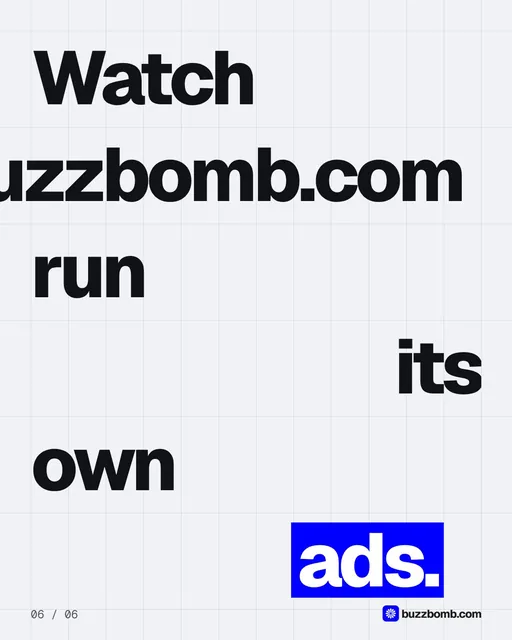 Video for BuzzBomb: "Watch buzzbomb.com run its own ads.". Kinetic type grid, 6.0 s, light palette.
