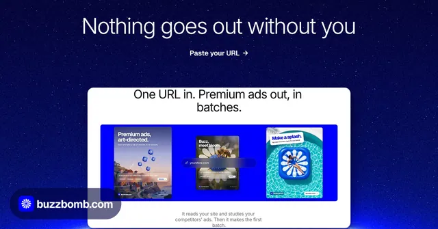 Social ad for BuzzBomb: "Nothing goes out without you". Swiss style, ogui layout, dark palette in blue.