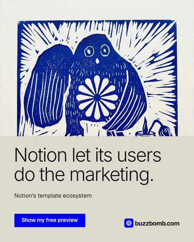 Instagram portrait post for BuzzBomb: "Notion let its users do the marketing." Swiss style, bottom layout, light palette in white, blue, grey.