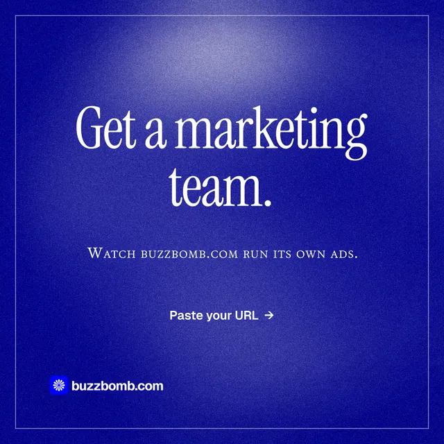 Instagram post for BuzzBomb: "Get a marketing team." Editorial style, smallcaps layout, dark palette in blue.