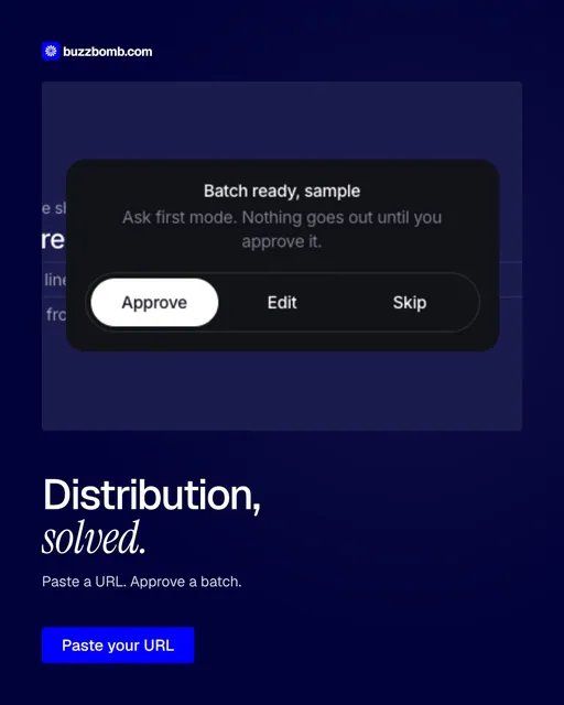 Video for BuzzBomb: "Distribution, solved.". Doc motion loop, 8.0 s, dark palette.