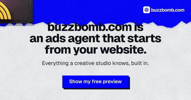 Social ad for BuzzBomb: "buzzbomb.com is an ads agent that starts from your website." Paper trio style, centred layout, light palette in white, blue, grey.